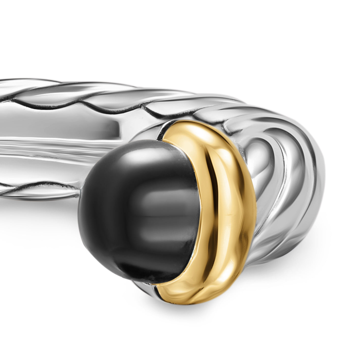 Petite Cable Open Ring in Sterling Silver with 14K Yellow Gold and Black Onyx, 3.4mm