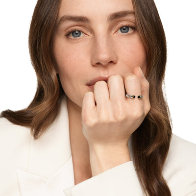 Petite Cable Open Ring in Sterling Silver with 14K Yellow Gold and Black Onyx, 3.4mm