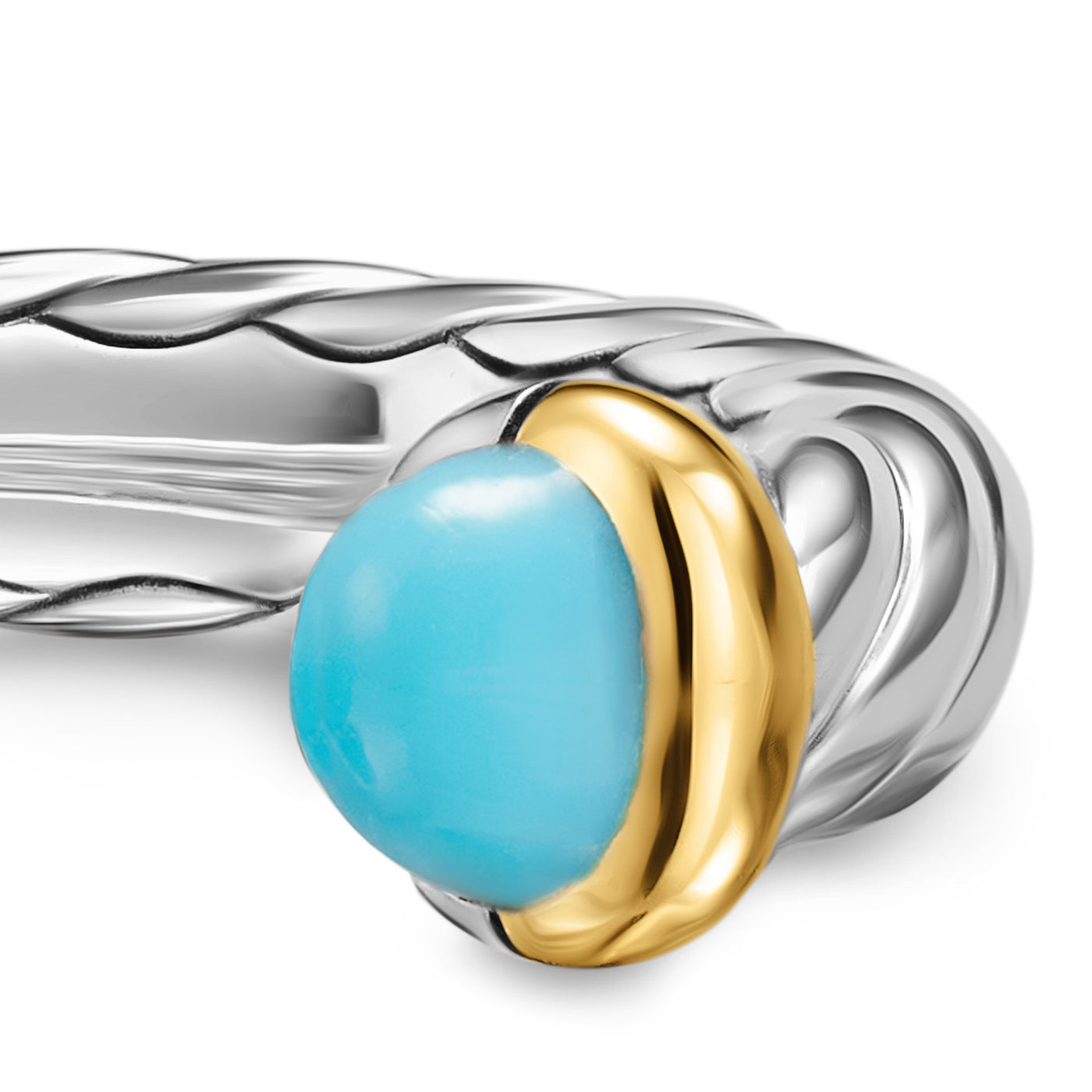Petite Cable Open Ring in Sterling Silver with 14K Yellow Gold and Turquoise, 3.4mm