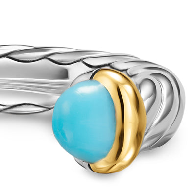 Petite Cable Open Ring in Sterling Silver with 14K Yellow Gold and Turquoise, 3.4mm