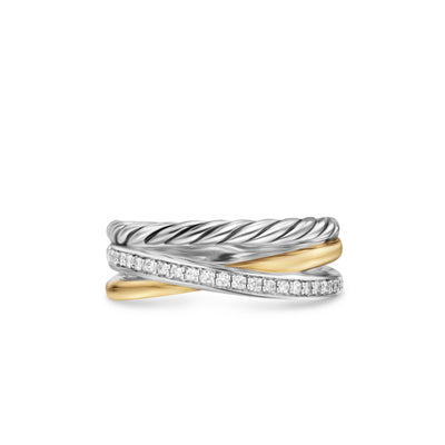 Crossover Three Row Ring in Sterling Silver with 18K Yellow Gold and Diamonds, 7mm