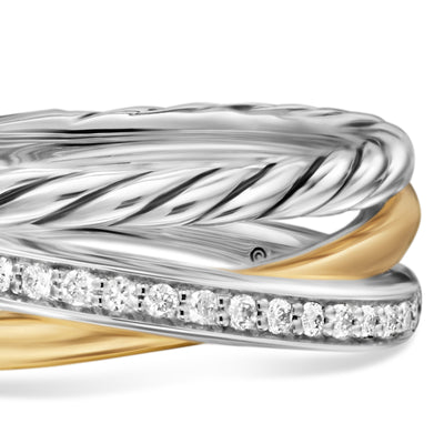 Crossover Three Row Ring in Sterling Silver with 18K Yellow Gold and Diamonds, 7mm