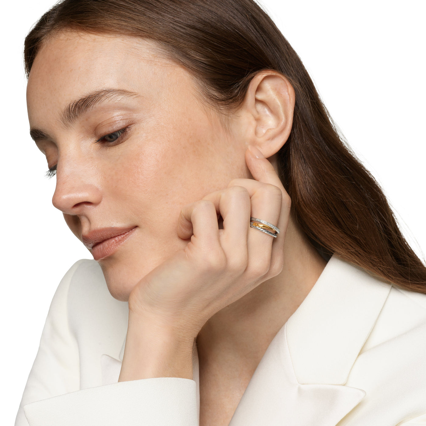 Crossover Three Row Ring in Sterling Silver with 18K Yellow Gold and Diamonds, 7mm