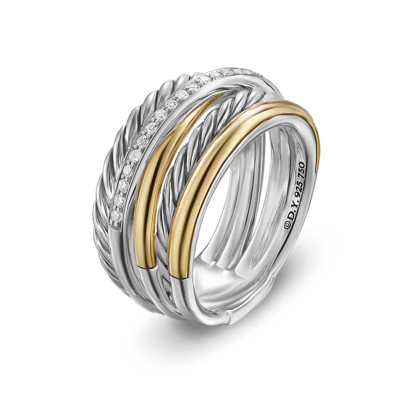Crossover Five Row Ring in Sterling Silver with 18K Yellow Gold and Diamonds, 11mm