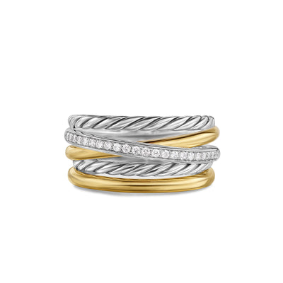 Crossover Five Row Ring in Sterling Silver with 18K Yellow Gold and Diamonds, 11mm