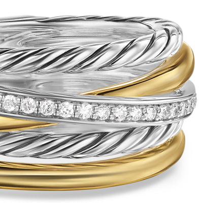 Crossover Five Row Ring in Sterling Silver with 18K Yellow Gold and Diamonds, 11mm