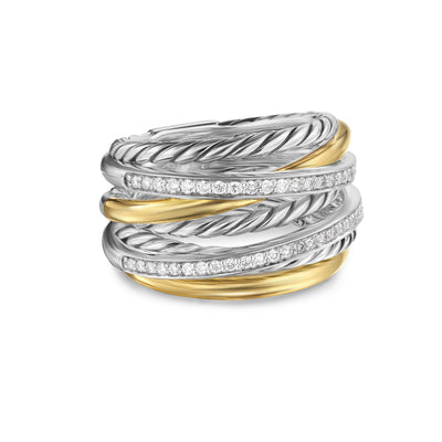 Crossover Seven Row Ring in Sterling Silver with 18K Yellow Gold amd Diamonds, 16mm