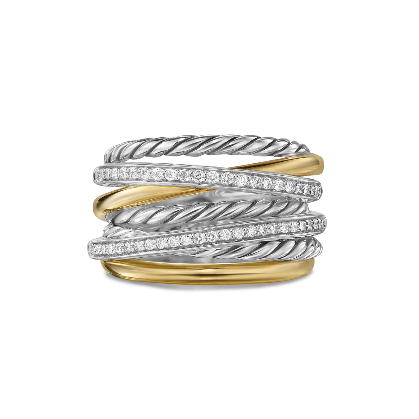 Crossover Seven Row Ring in Sterling Silver with 18K Yellow Gold amd Diamonds, 16mm