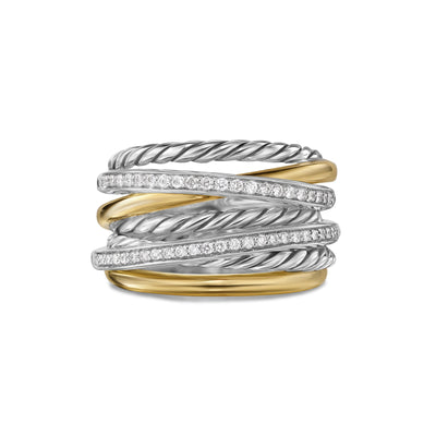 Crossover Seven Row Ring in Sterling Silver with 18K Yellow Gold amd Diamonds, 16mm