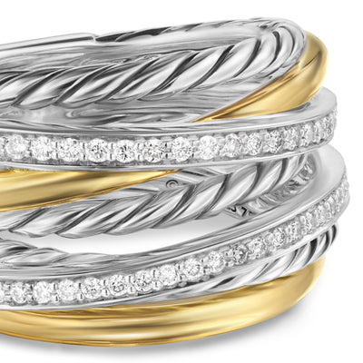 Crossover Seven Row Ring in Sterling Silver with 18K Yellow Gold amd Diamonds, 16mm