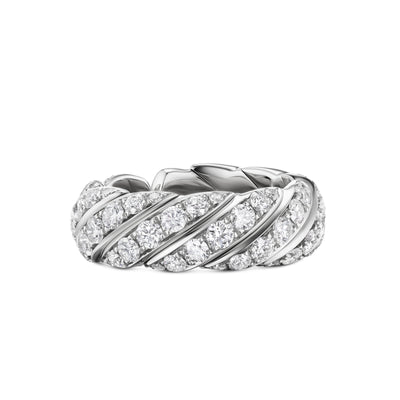 Sculpted Cable Flex Band Ring in 18K White Gold with Diamonds, 7.5mm