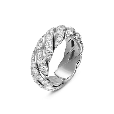 Sculpted Cable Flex Band Ring in 18K White Gold with Diamonds, 7.5mm