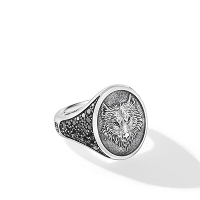 Petrvs® Wolf Signet Ring in Sterling Silver with Black Diamonds, 21.5mm