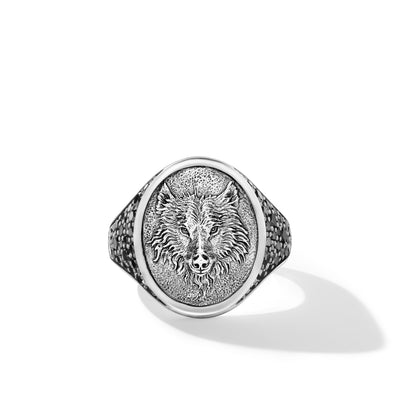Petrvs® Wolf Signet Ring in Sterling Silver with Black Diamonds, 21.5mm