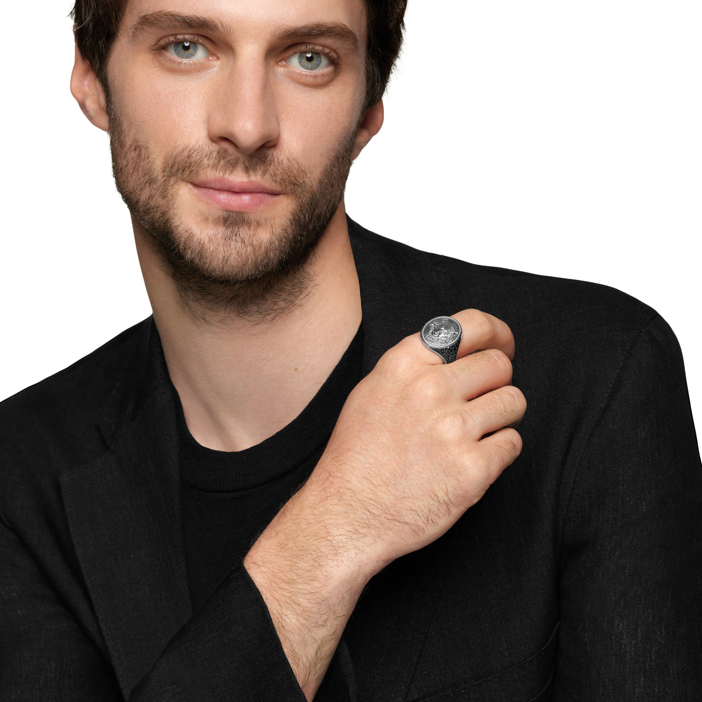 Petrvs® Wolf Signet Ring in Sterling Silver with Black Diamonds, 21.5mm