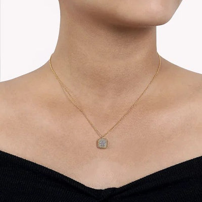 Square 14K Yellow Gold Pave Diamond Pendant Necklace with Twisted Rope Frame