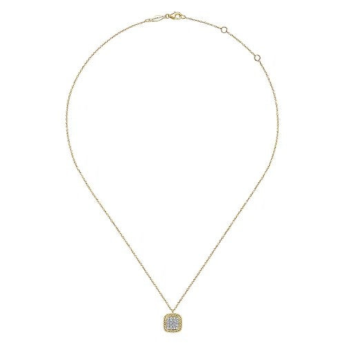 Square 14K Yellow Gold Pave Diamond Pendant Necklace with Twisted Rope Frame