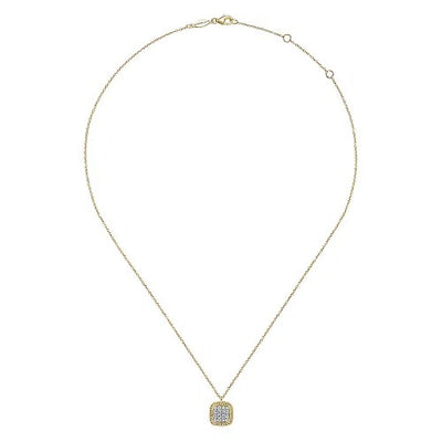 Square 14K Yellow Gold Pave Diamond Pendant Necklace with Twisted Rope Frame