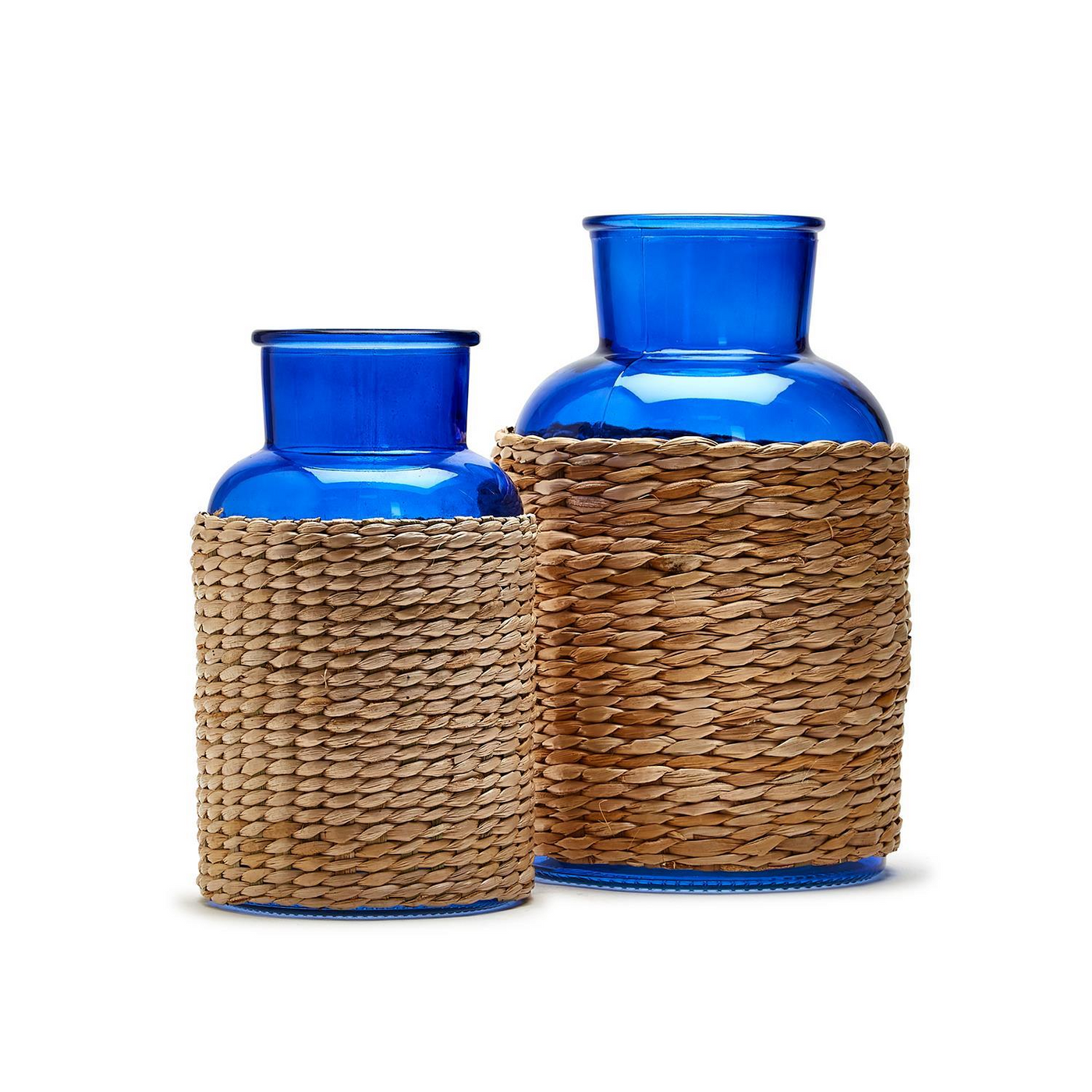 Blue Glass Candle Holder / Vase with Rattan Wrap - Glass/Sea Grass (smaller one only)