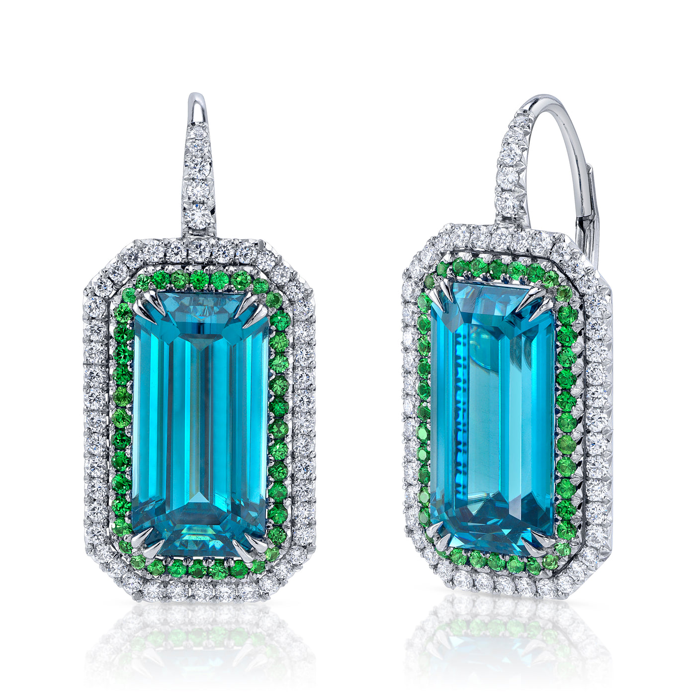 Platinum Blue Zircon, Tsavorite, and Diamond Leverback Earrings