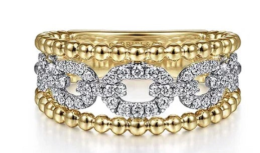 14K White-Yellow Gold Pave Diamond Link and Bujukan Bead Ring