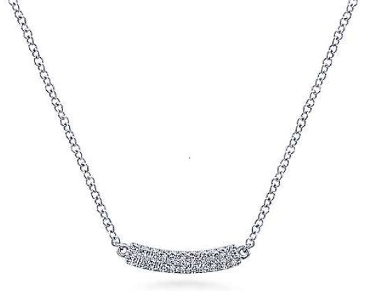 14K White Gold Curved Pave Diamond Bar Necklace