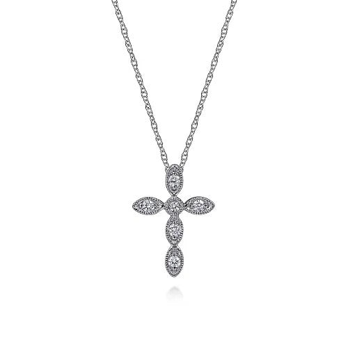 14K White Gold Marquise Shaped Diamond Cross Necklace