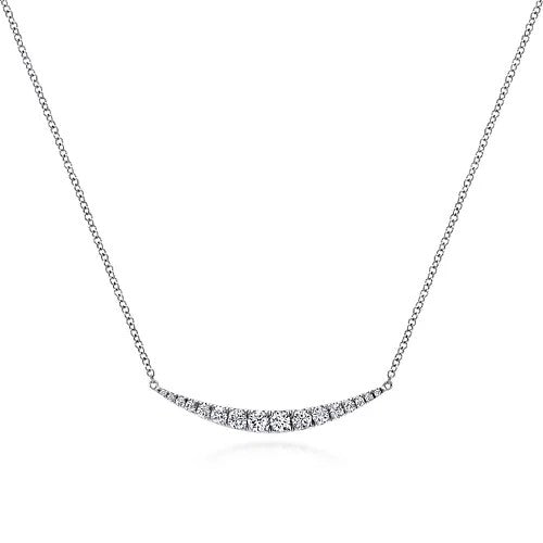14K White Gold Curved Diamond Bar Necklace