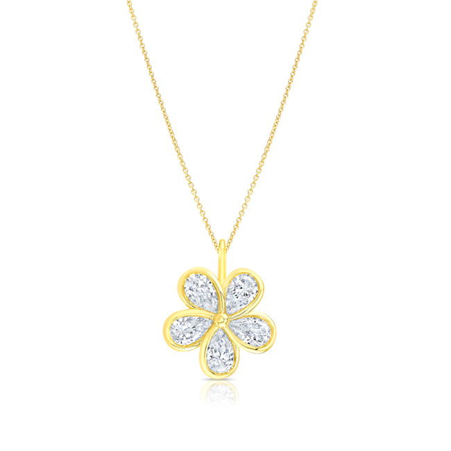 18K Yellow Gold 1.23 Carat Pear-Shaped Diamond Bezel Flower Pendant on Adjustable 17-18" Chain