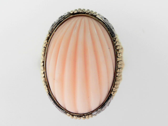 Antique 14K Yellow Gold Coral Ring with Diamonds