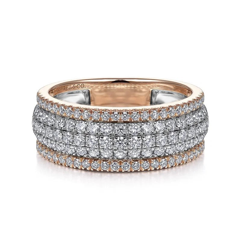 14K White-Rose Gold Pave Diamond Wide Band Ring