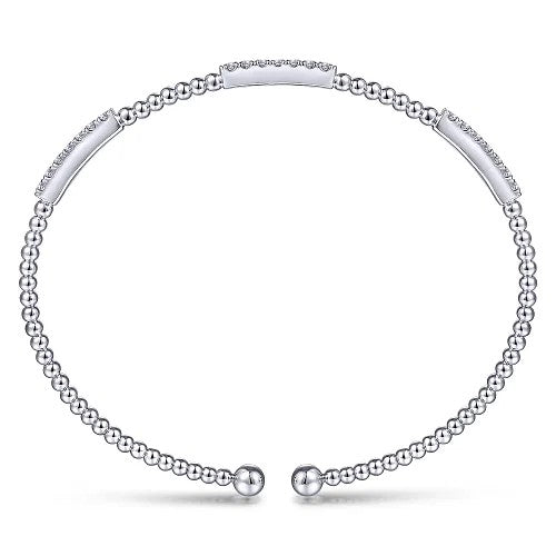 14K White Gold Bujukan Bead Cuff Bracelet with Diamond Pave Stations