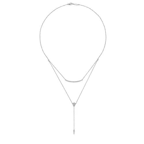 14K White Gold Layered Curved Bar and Diamond Drop Y Necklace