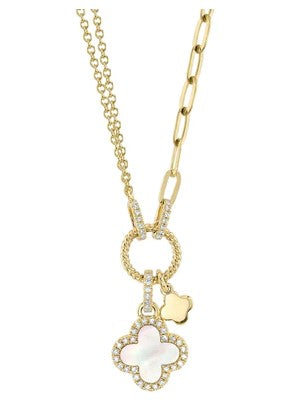0.12CT DIAMOND & 0.54CT MOTHER OF PEARL CLOVER PAPER CLIP LINK NECKLACE