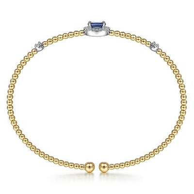 14K White-Yellow Gold Bujukan Bead Cuff Bracelet with Sapphire and Diamond Halo Station