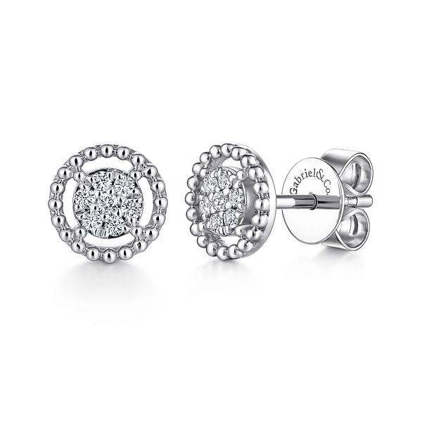 14K White Gold Beaded Halo Diamond Pave Stud Earrings