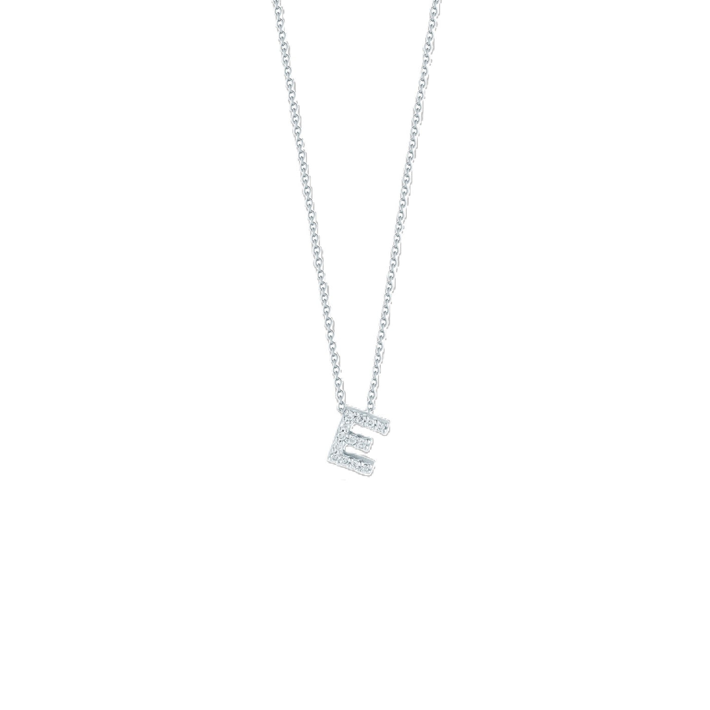 18K WHITE GOLD TINY TREASURES DIAMOND LOVE LETTER “E” NECKLACE