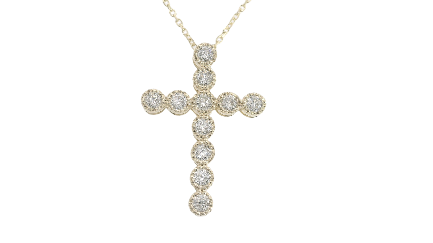 14KYG .50CTW Round Diamond Bezel Set Cross Pendant on rope Chain