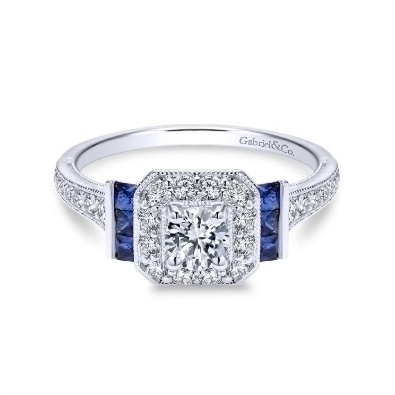 White Gold Diamond and Sapphire Halo Engagement Ring