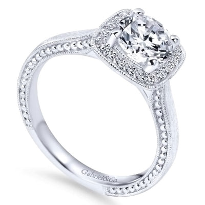 14K White Gold Diamond Milgrain Halo Engagement Ring