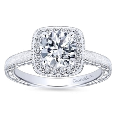 14K White Gold Diamond Milgrain Halo Engagement Ring