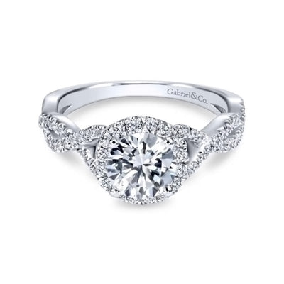 White Gold Diamond Halo Twist Shank Engagement Ring