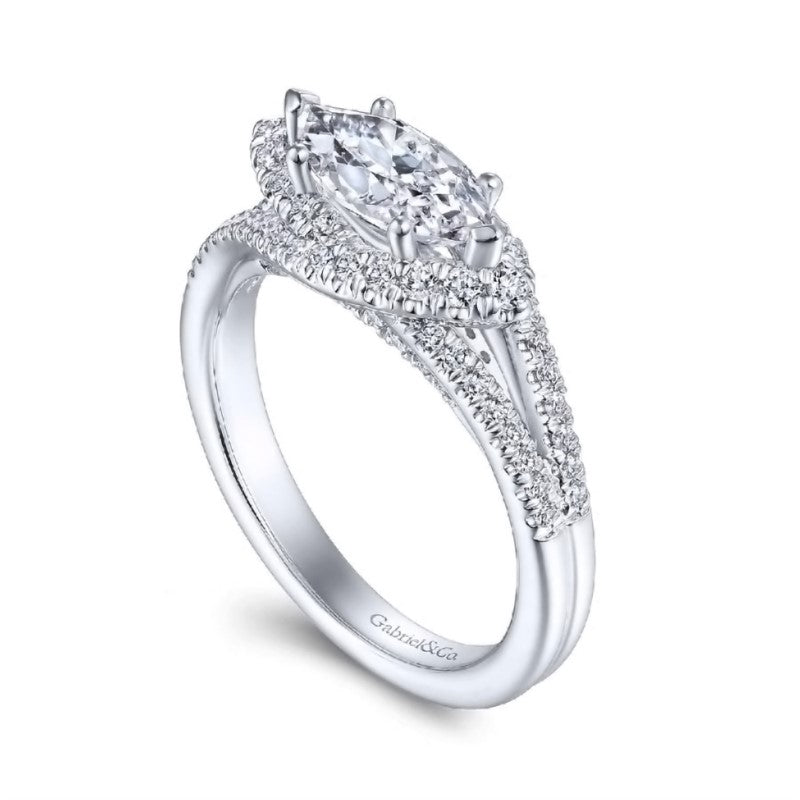 14K White Gold Split Shank Marquise Diamond Halo Engagement Ring