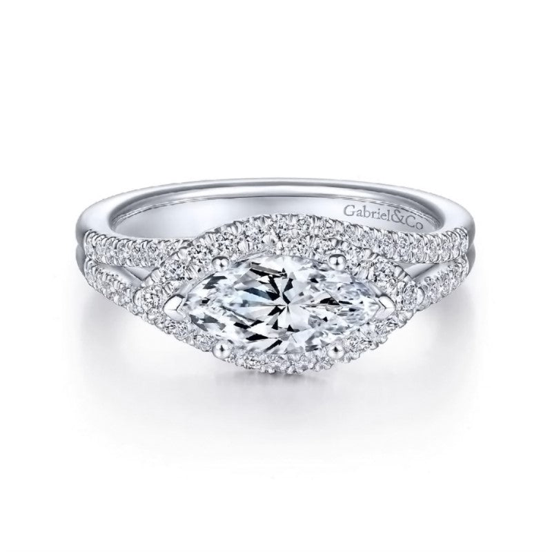 14K White Gold Split Shank Marquise Diamond Halo Engagement Ring