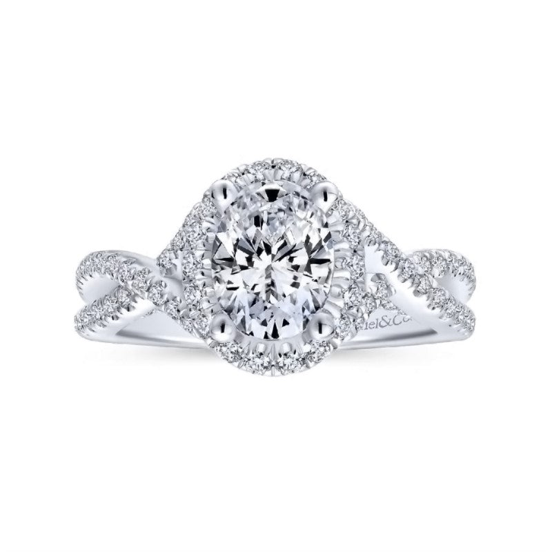 White Gold Twist Shank Oval Halo Diamond Engagement Ring