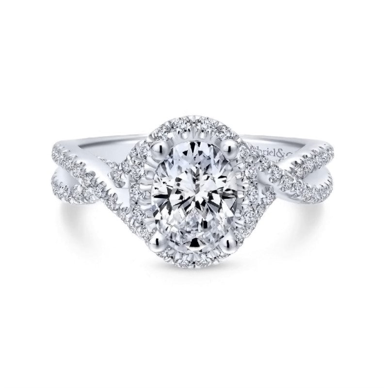 White Gold Twist Shank Oval Halo Diamond Engagement Ring