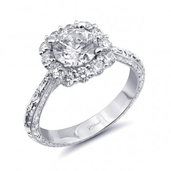 White Gold Diamond Halo Engagement Ring with Milgrain and Engraved Shank