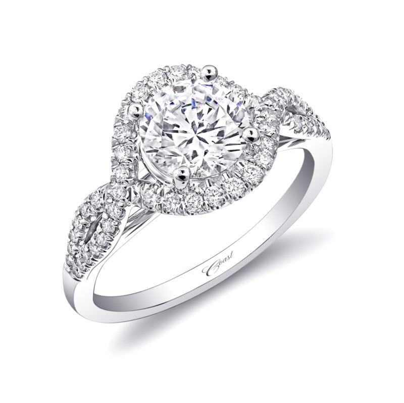 White Gold Twisted Shank and Diamond Halo Engagement Ring
