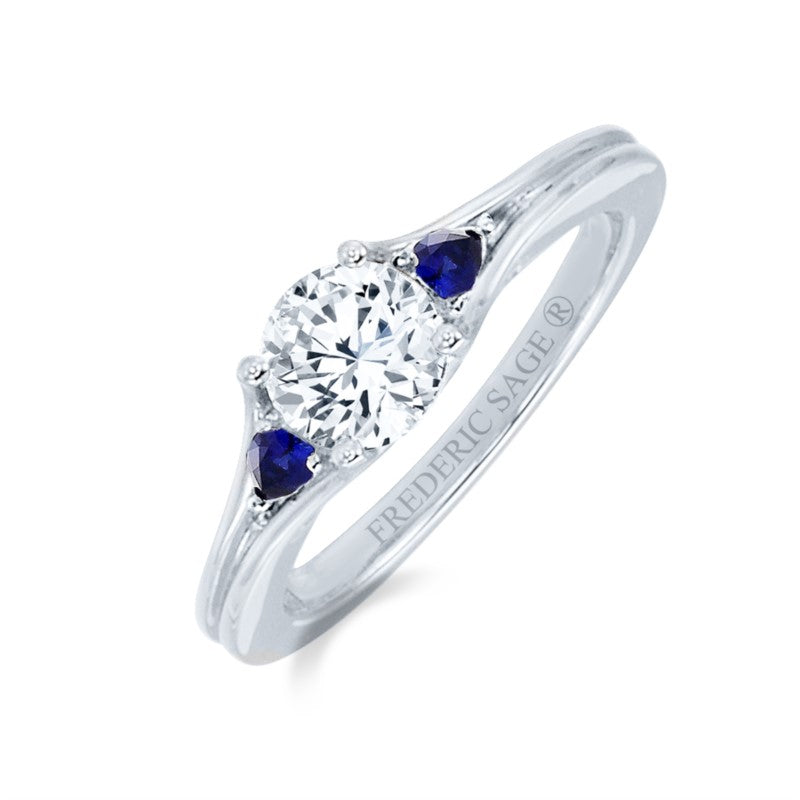 White Gold Three Stone Engagement Ring with Two Sapphires