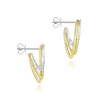 14K Yellow and White Gold Twisted Crescent Diamond Stud Earrings
